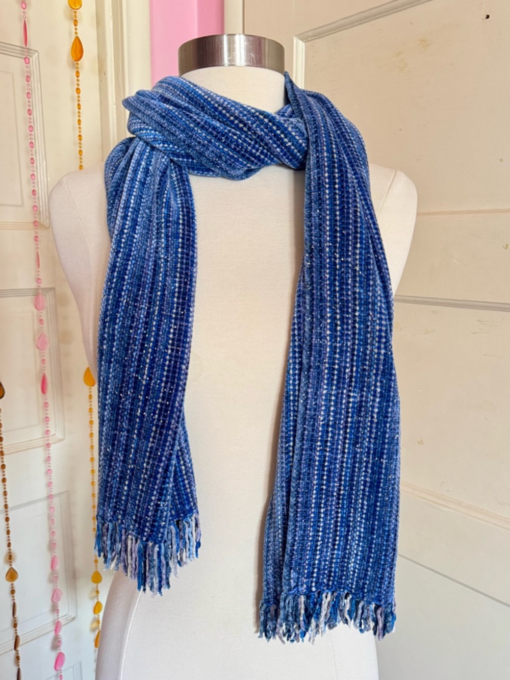 Trillium Handwoven Blue Fringe Scarf Shawl Boho Artisan USA Made